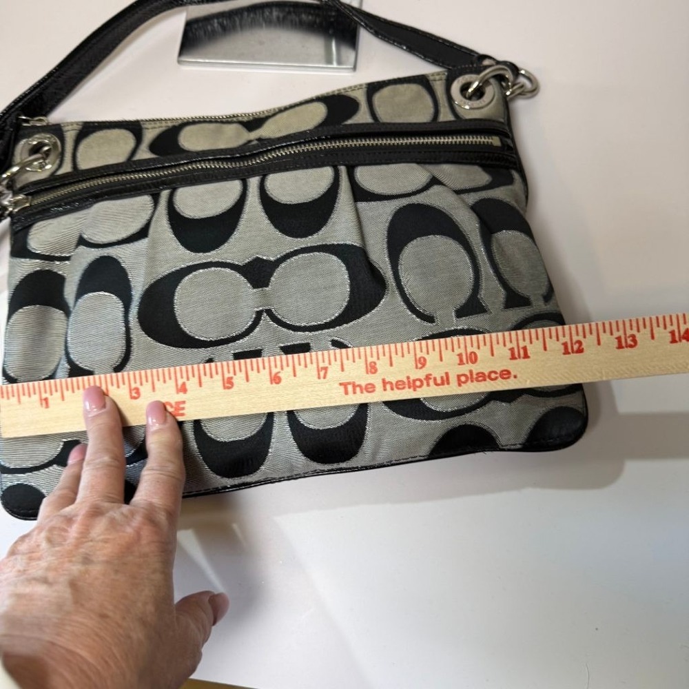 Coach Poppy Signature Sateen Metallic Shoulder Bag Black Silver Zip Tote Purse - Picture 11 of 12